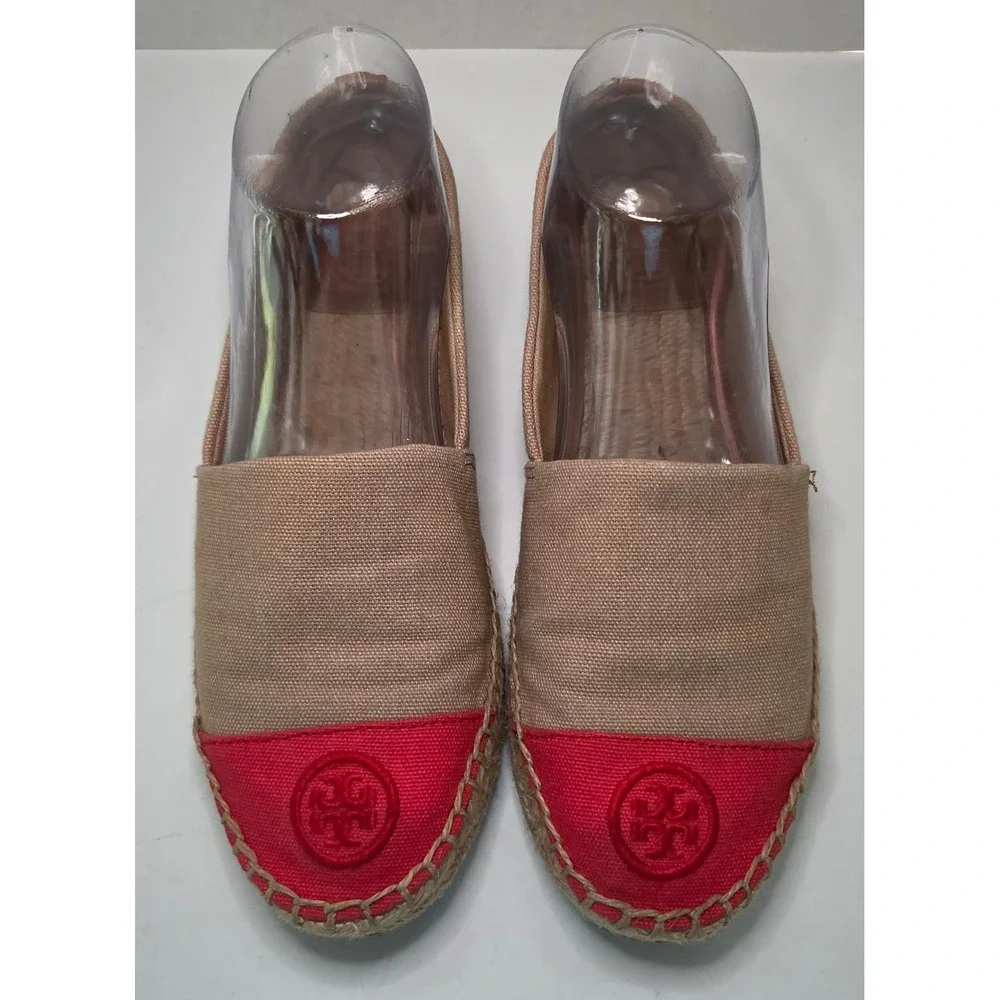 Tory Burch Color-Block Canvas Espadrilles Tan Red Logo Flats 7.5M Boho Chic